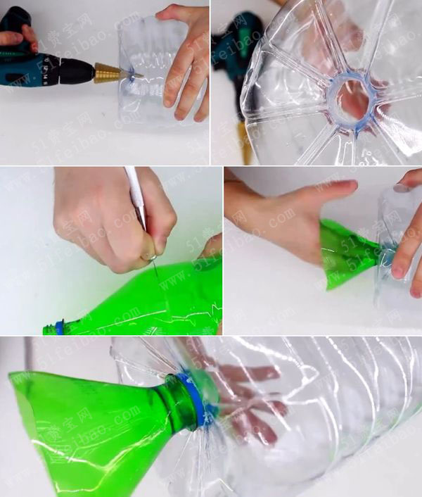 5,单独将另外两个油桶的桶口切下来,然后在上面大油桶侧面挖两个