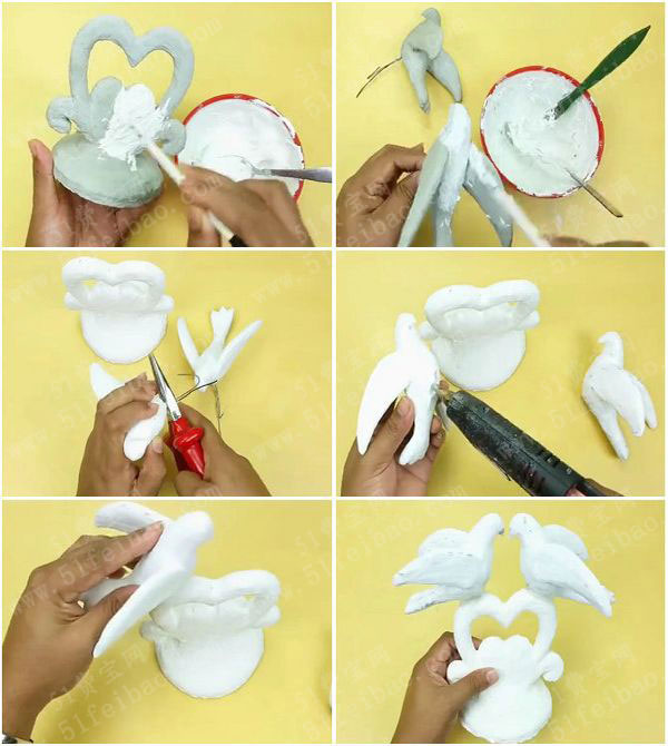 使用废泡沫塑料制作和平鸽雕塑摆件作品 - 废物利用手工diy小制作
