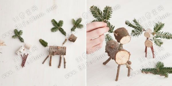 杉树枝DIY创意圣诞树驯鹿教程