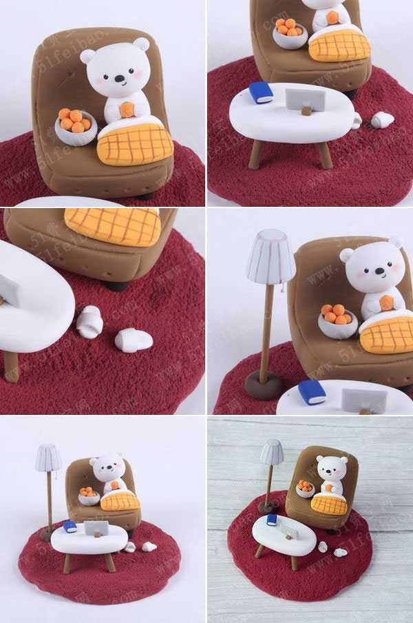 玩粘土手工可爱的沙发小熊泥偶作品