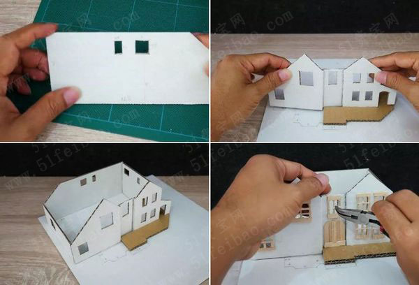 diy瓦楞纸手迷你屋小别墅图解 - 废物利用手工diy小制作 - 51费宝网
