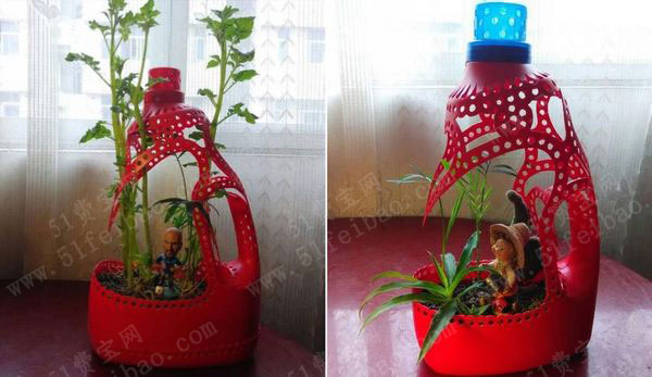 回收利用洗衣液瓶打造漂亮雕花盆栽花盆