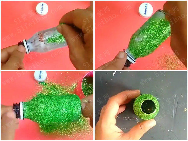 废药瓶diy好看闪粉插花瓶 - 废物利用手工diy小制作 - 51费宝网(繁体