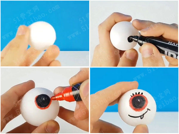 乒乓球diy做个眼球怪针垫摆件 - 废物利用手工diy小制作 - 51费宝网
