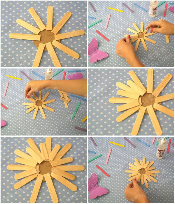 巧用雪糕棍做墙饰向日葵挂钩 - 废物利用手工diy小制作 - 51费宝网