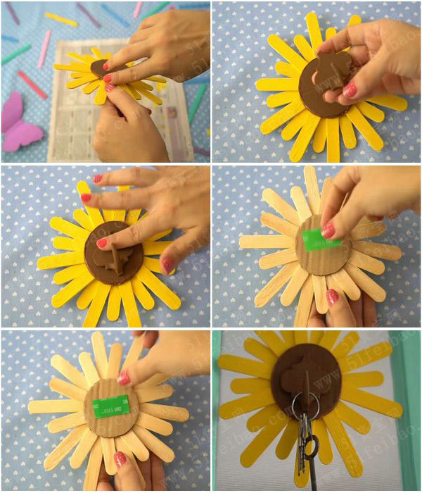 巧用雪糕棍做墙饰向日葵挂钩 - 废物利用手工diy小制作 - 51费宝网