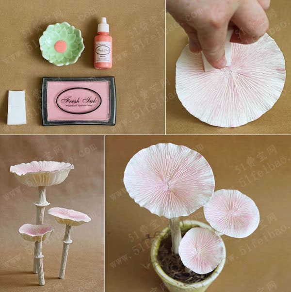 diy立体皱纹纸蘑菇盆景教程 - 废物利用手工diy小制作 - 51费宝网